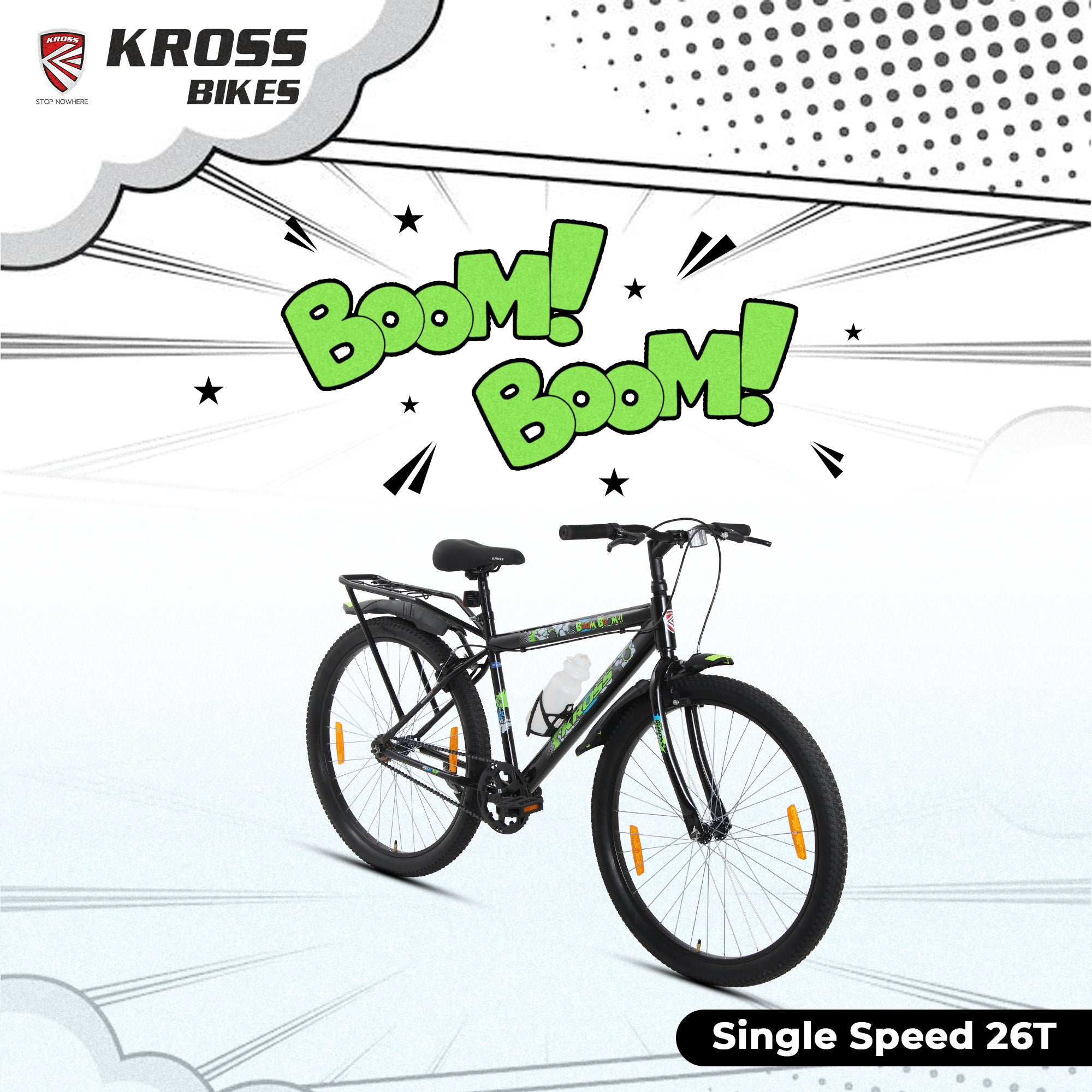Kross Boom Boom 26T Inbuilt Carrier| Single Speed Mountain Cycle with Caliper Brakes | 26 Inch (Black)