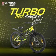 Kross Turbo Pro 26T Mountain Bike with Suspension & Dual Disc Brakes | Alloy Double Wall Rims | Single Speed | Black & Yellow