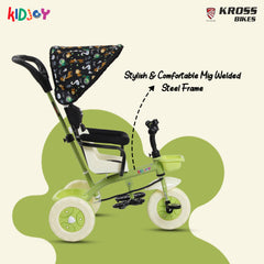 Kidjoy SS-100 Kids Tricycle for 1.5–4 Years with Parental Handle, Canopy & Safety Guard – Steel Frame (Green)