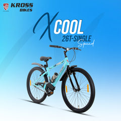 Kross XCool 26T Single Speed MTB Bicycle with Internal Cable Routing, V-Brakes, Water Bottle & Mudguards (Aqua Blue)
