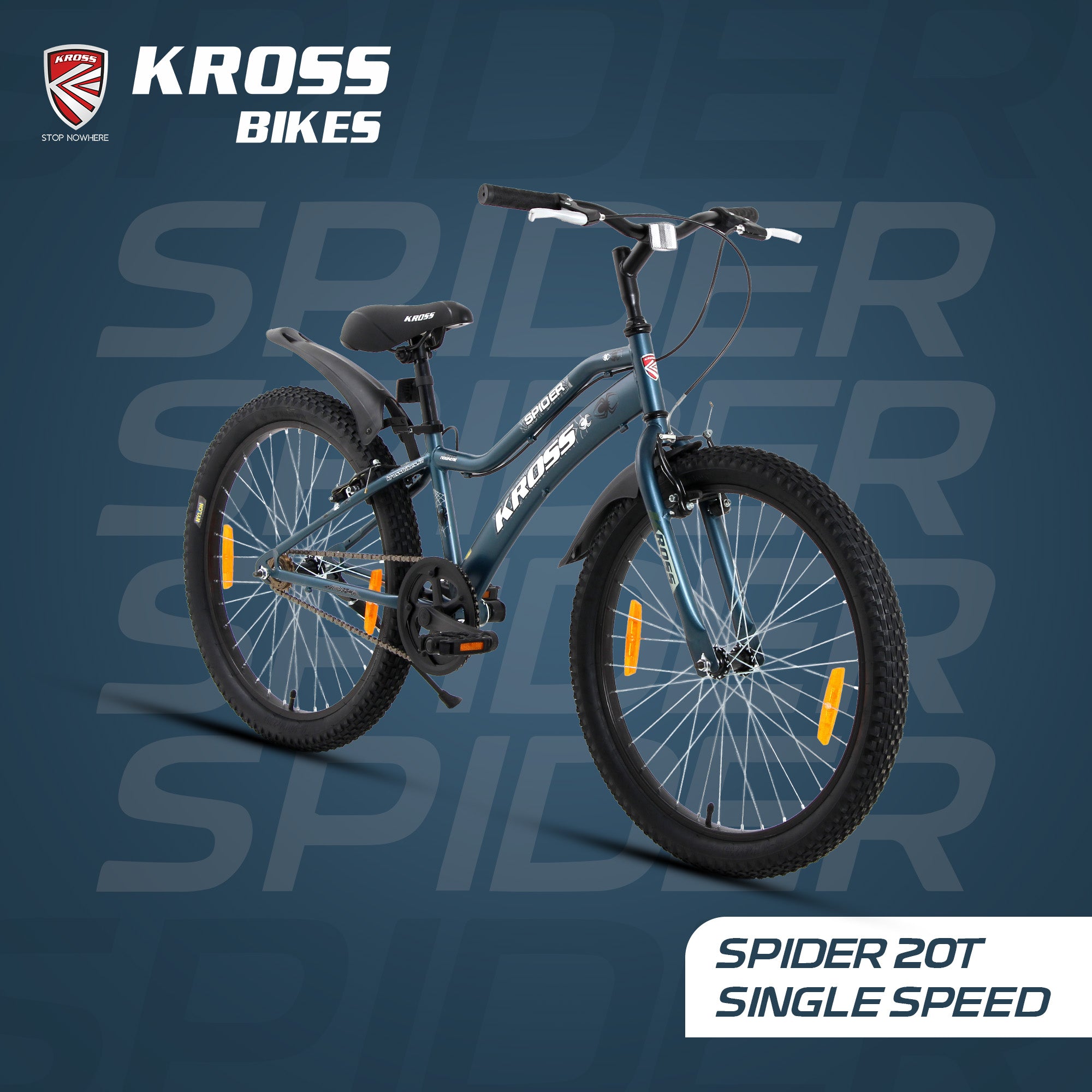 Kross Spider 24T Single Speed MTB Cycle with Alloy Rims, Dual V-Brakes, Mudguards, Side Stand | Blue
