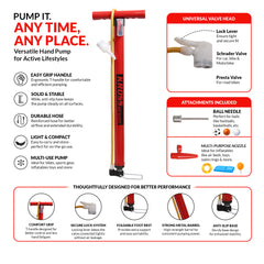 Kross Air Buddy High-Pressure Multipurpose Hand Air Pump (with Universal Dual Valve & Multi-Nozzle Kit)39 MM Red Pump