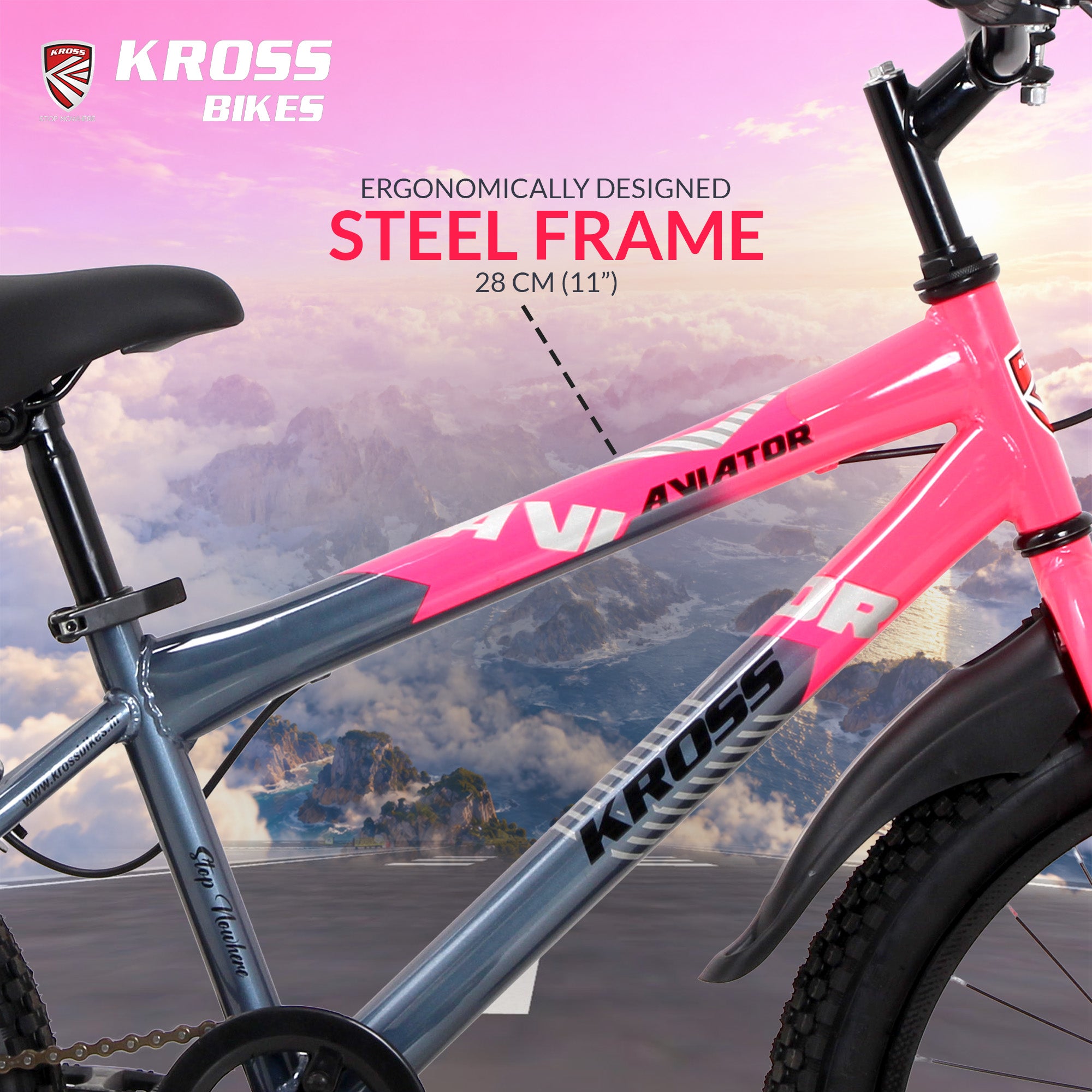 Kross Aviator 20T Kids Bicycle Grey/Pink | 20 x 2.40 Inch Tyres | Single Speed | Steel Frame | V-Brakes | Mudguards
