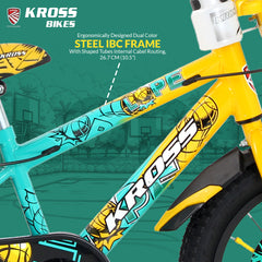 Kross Lope 16T Kids Cycle (16x2.40 Tyre, Dual Color Steel Frame, Caliper Brakes, Basket & Side Wheels, 4–6 Years) with Carrier -Yellow