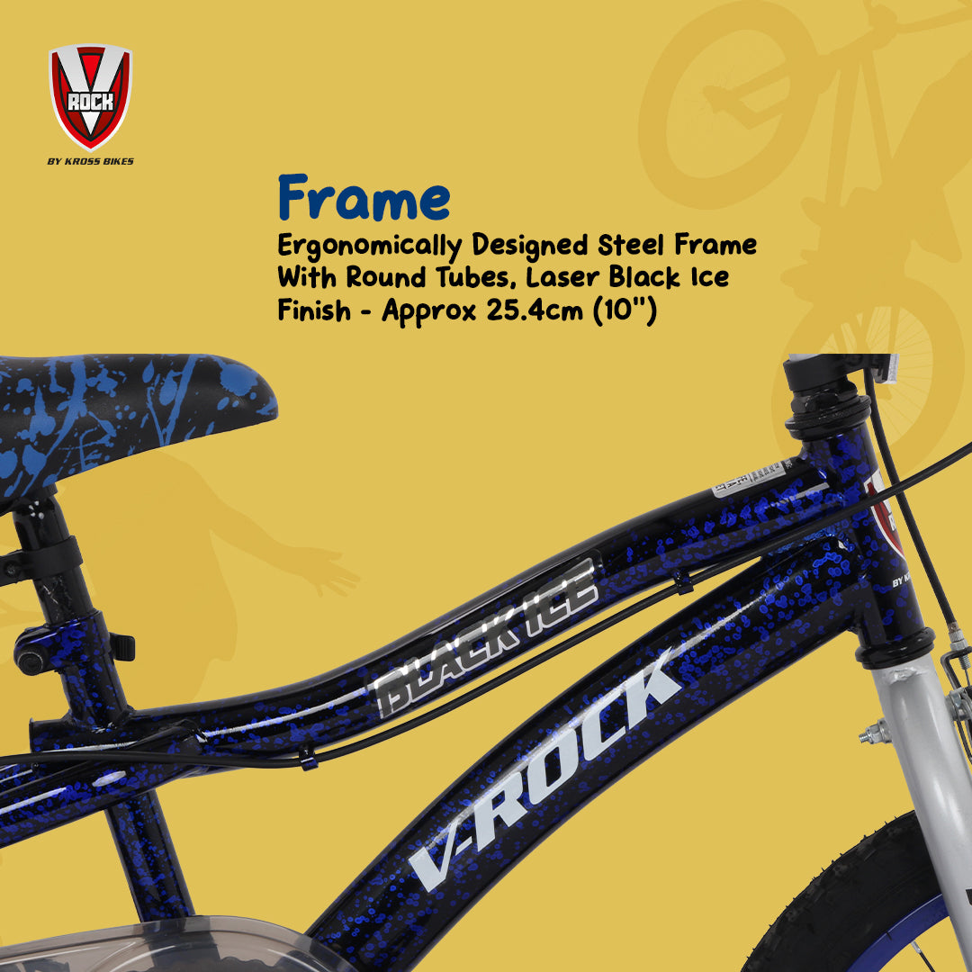 V Rock Black Ice 18T Kids Bicycle | Steel Frame | Training Wheels | Front & Rear Caliper Brakes