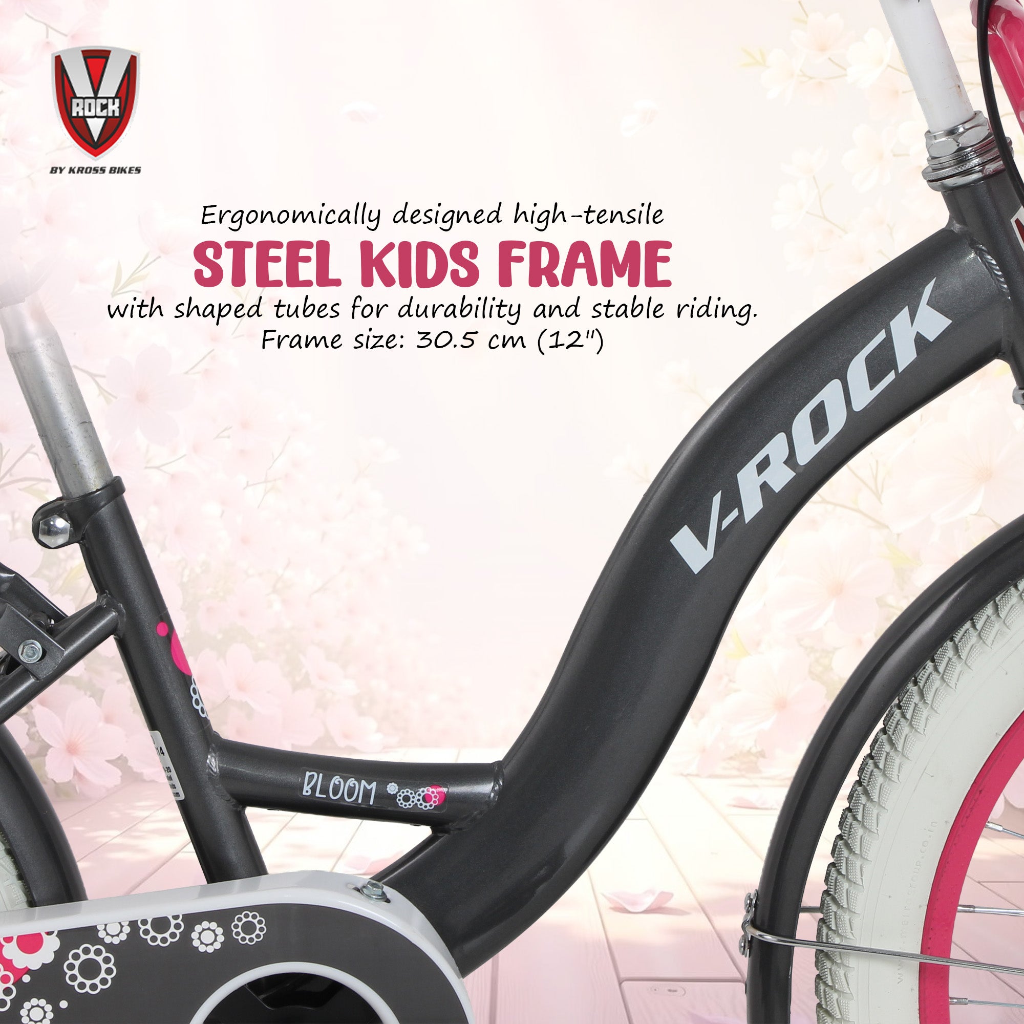 V Rock 20T Bloom Grey Kids Bicycle with Dual Carriers, LED Lights & V-Brake – Single Speed