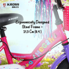 Kross Megan 12T Kids Bicycle with Training Wheels, Basket, Back Rest & Carrier | Single Speed | Pink-Purple