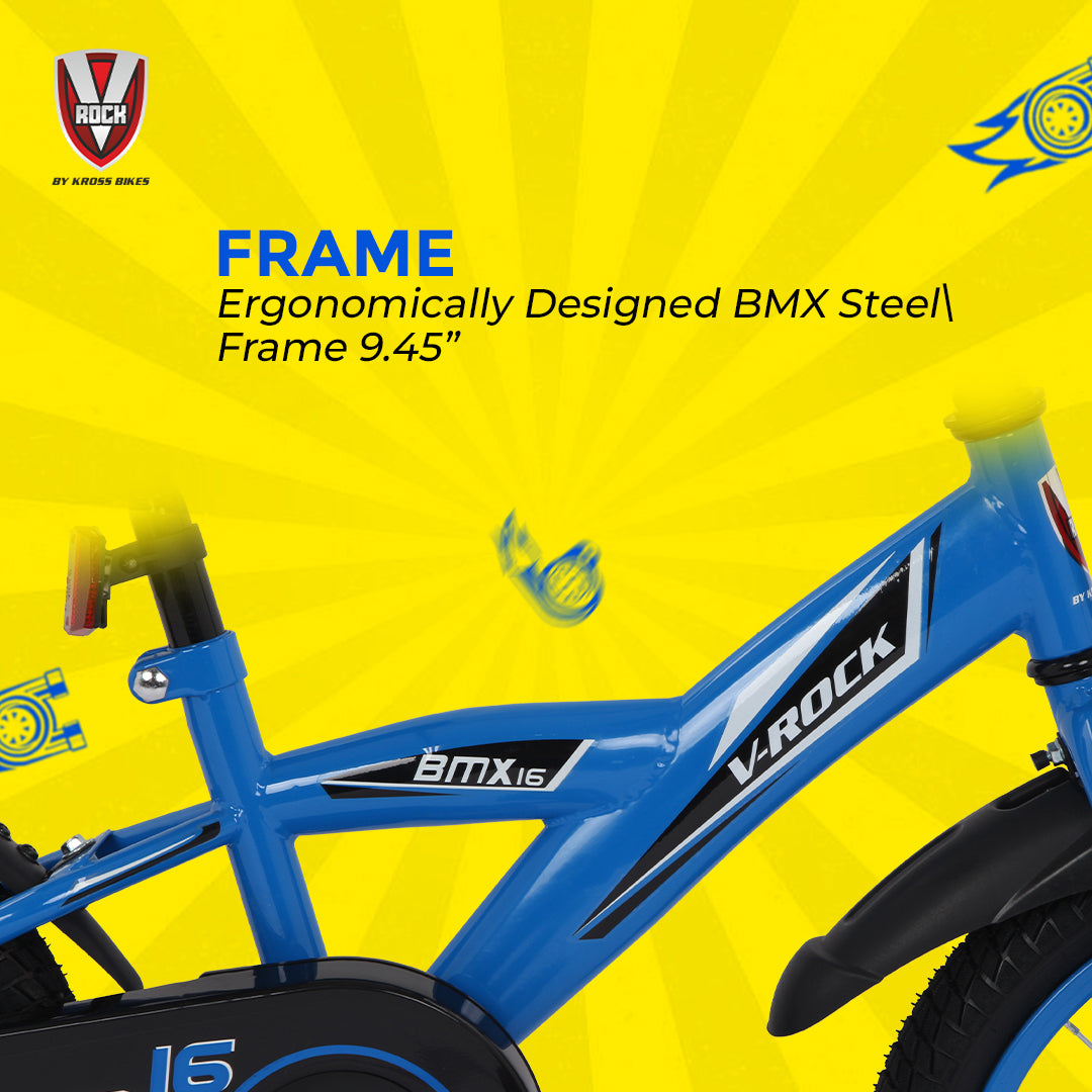 V Rock BMX Turbo 16T Kids Bicycle with Steel Frame, Coaster Hub, V-Brakes, Training Wheels & Mudguards (Turbo Blue)