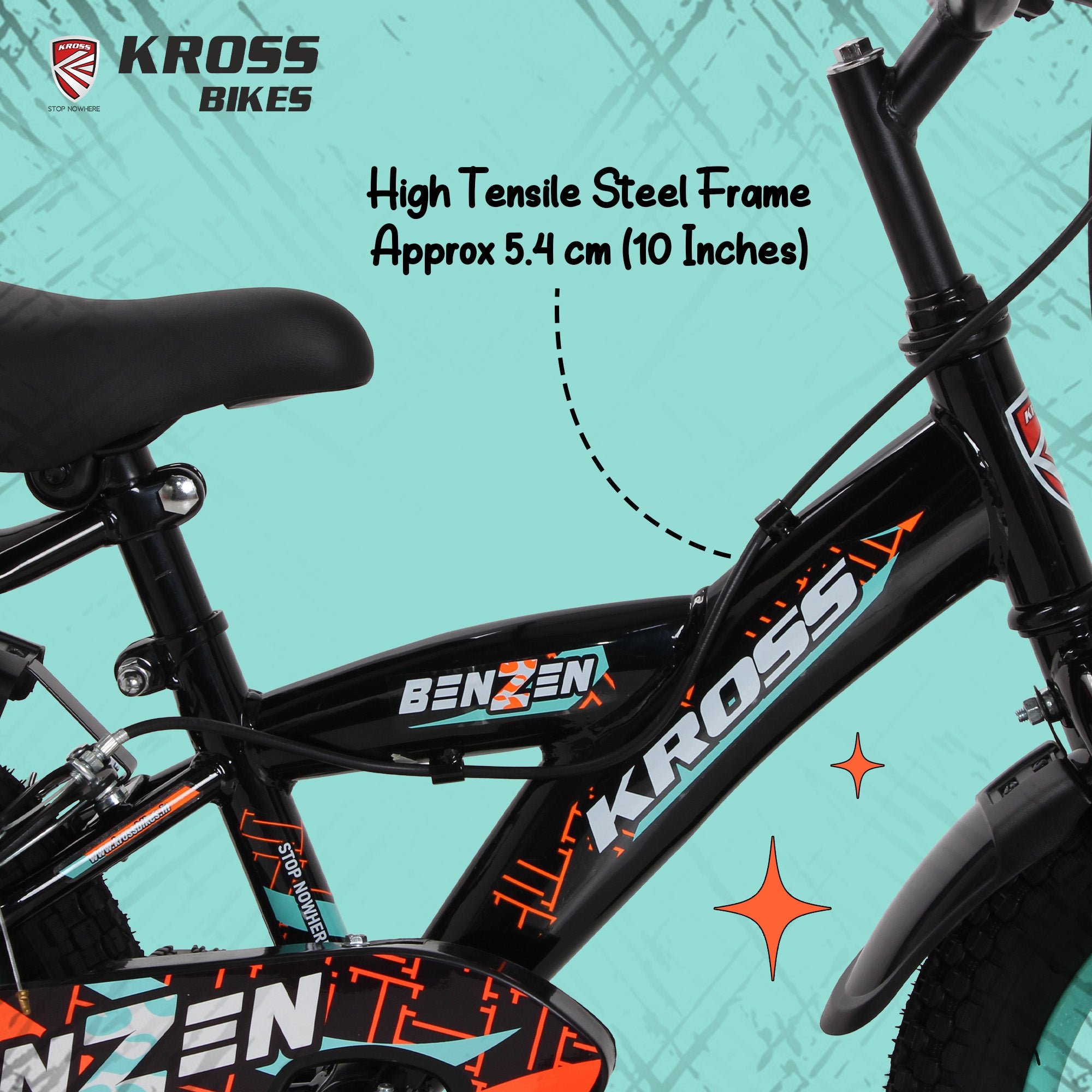 Kross Benzen Crush 14T Kids Cycle with Training Wheels, Back Rest & Bottle – Black
