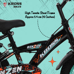 Kross Benzen Crush 14T Kids Cycle with Training Wheels, Back Rest & Bottle – Black