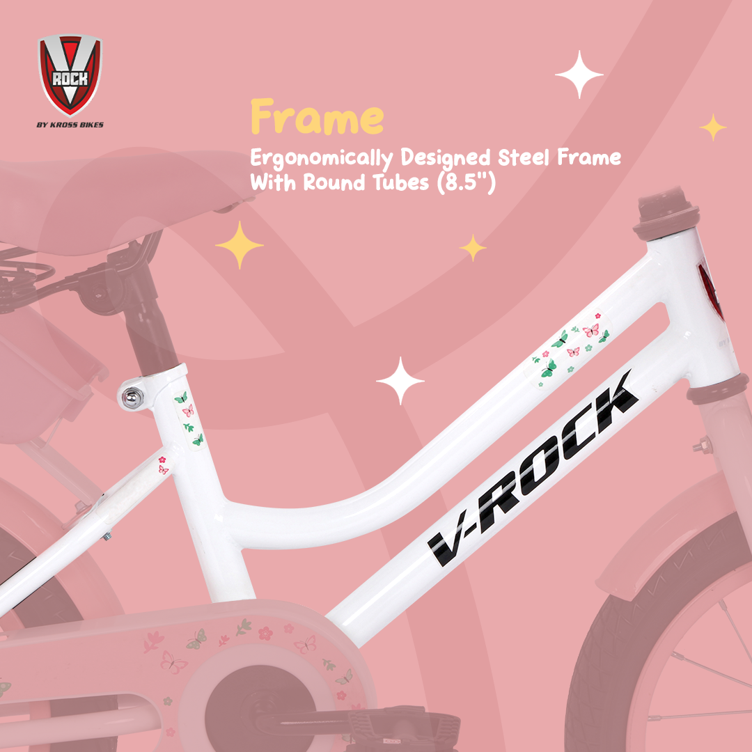 V Rock Magic 14T Kids Bicycle – Magic White with Pink Accessories | Training Wheels | Basket & Doll Carrier