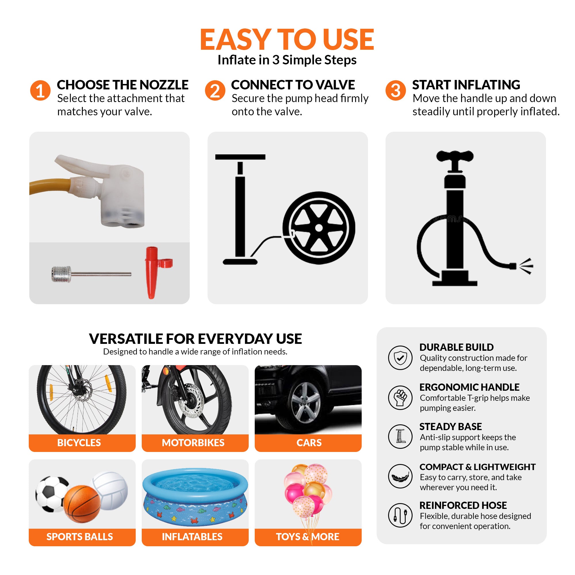 Kross Air Buddy High-Pressure Multipurpose Hand Air Pump (with Universal Dual Valve & Multi-Nozzle Kit)39 MM Orange Pump