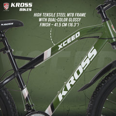 Kross Xceed 26T 21-Speed Mountain Bike with Suspension Fork, Dual Disc Brakes, Alloy Rims & Mudguards (Metallic Green/Black)