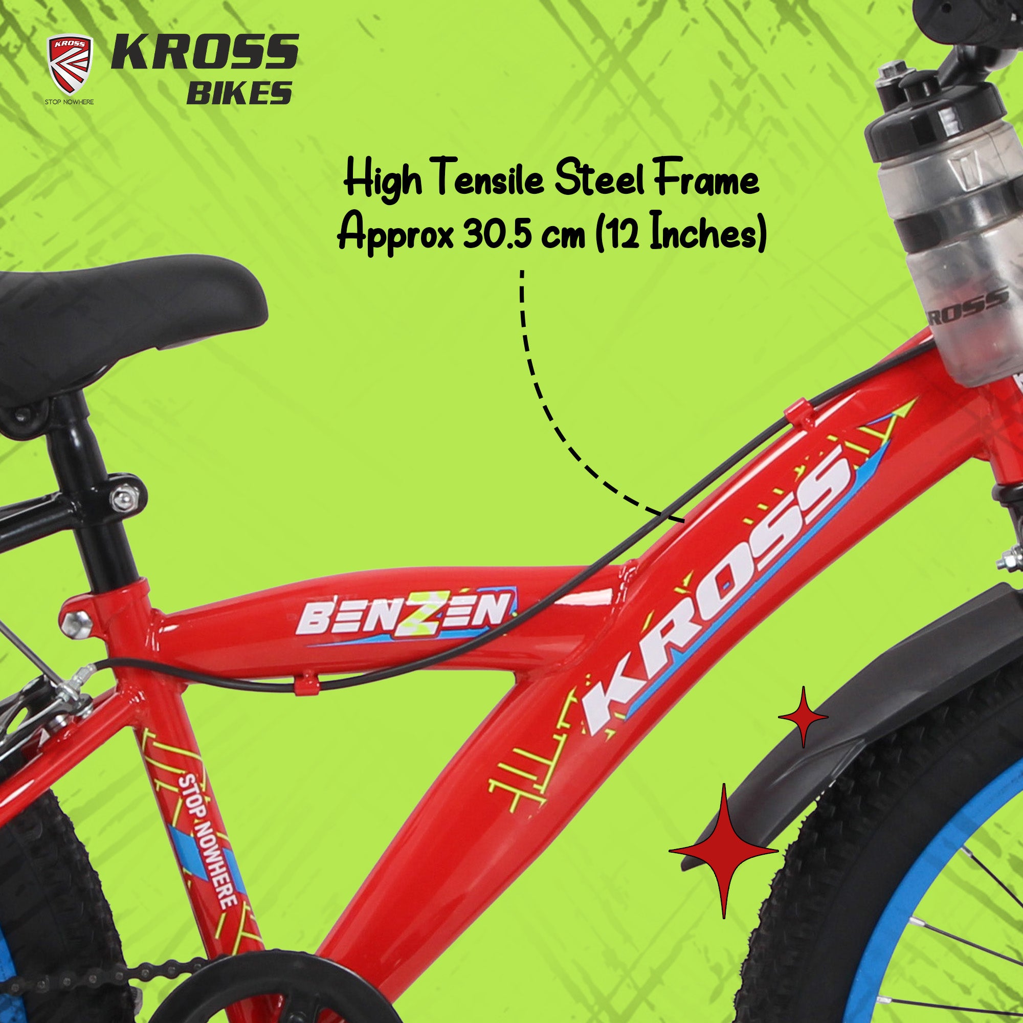 Kross Benzen Crush Pro 20T Kids Bicycle with Side Supporter | Single Speed | 20 x 2.40 Tyres | Dual Caliper Brakes | Red