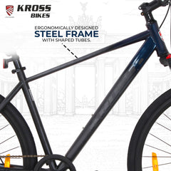 Kross Berlin 700C Single Speed Hybrid Bicycle, Black & Galaxy Blue, Alloy Double Wall Rims, Suspension Fork, Mechanical Disc Brakes