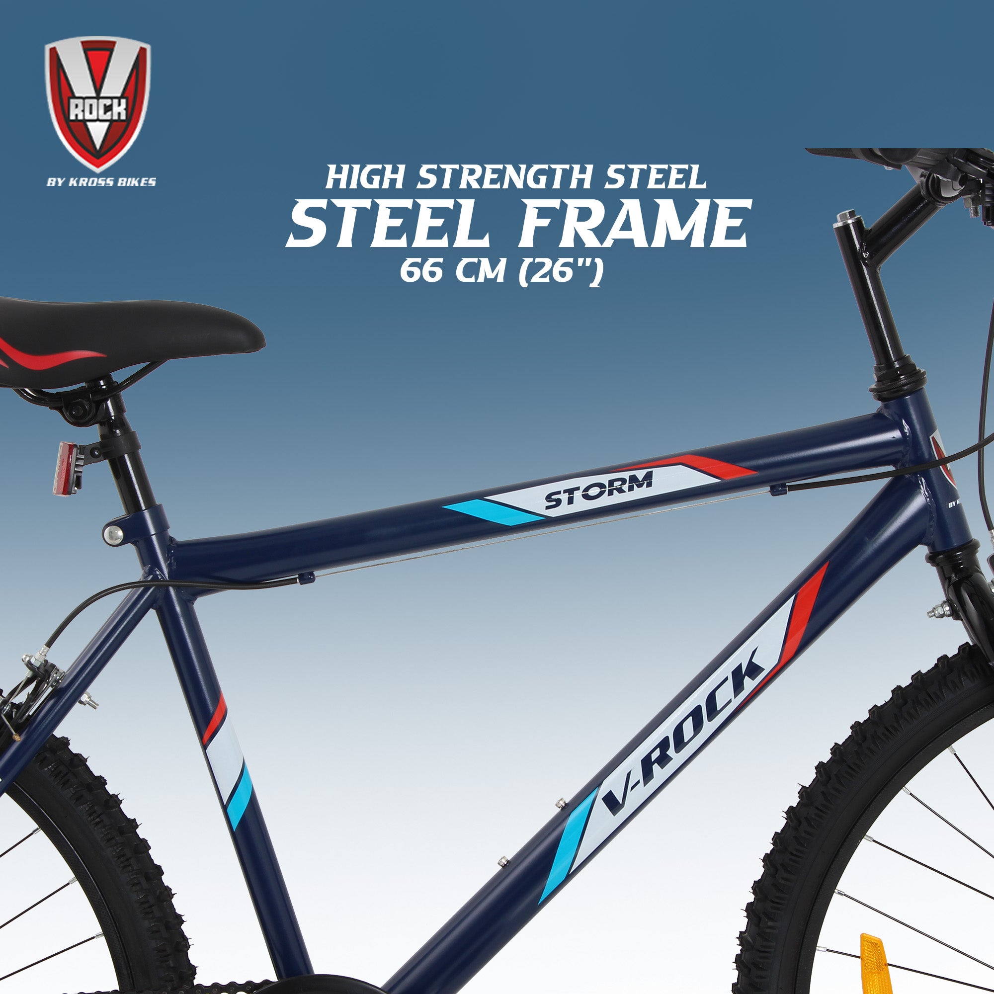 V Rock Storm 26T, Single Speed Mountain Bike, Steel Frame, Rigid Fork, Caliper Brakes Blue