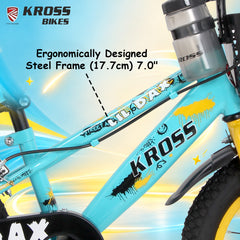 Kross Lil Dax 14T Kids Bicycle for Boys & Girls | Steel Frame | Single Speed | Training Wheels, Basket & Backrest | Blue-Yellow