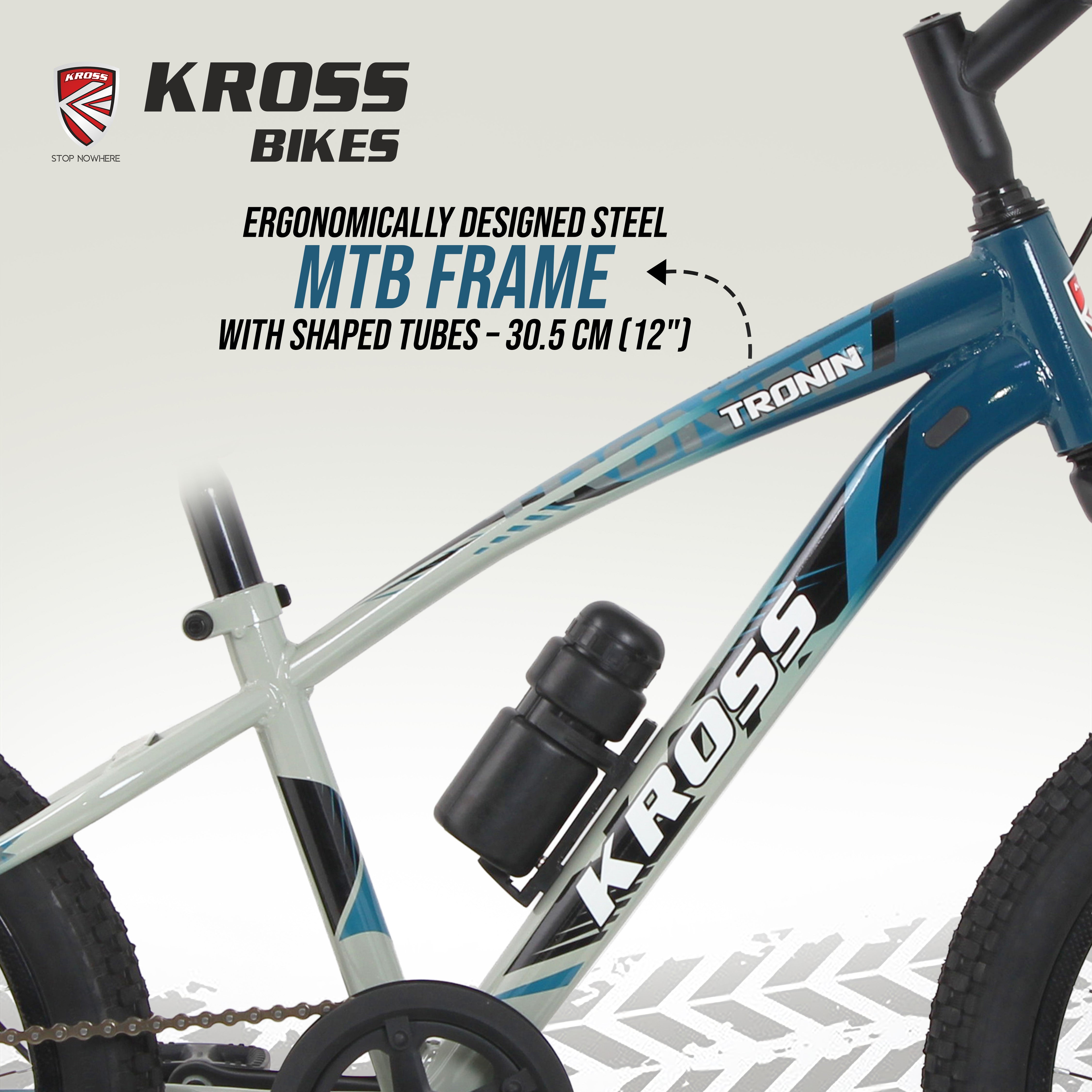 Kross Tronin 20T Kids MTB Cycle – 20×2.40 Fat Tyres, Dual Disc Brakes, Suspension Fork, Steel Frame, Single Speed (Grey/Blue)