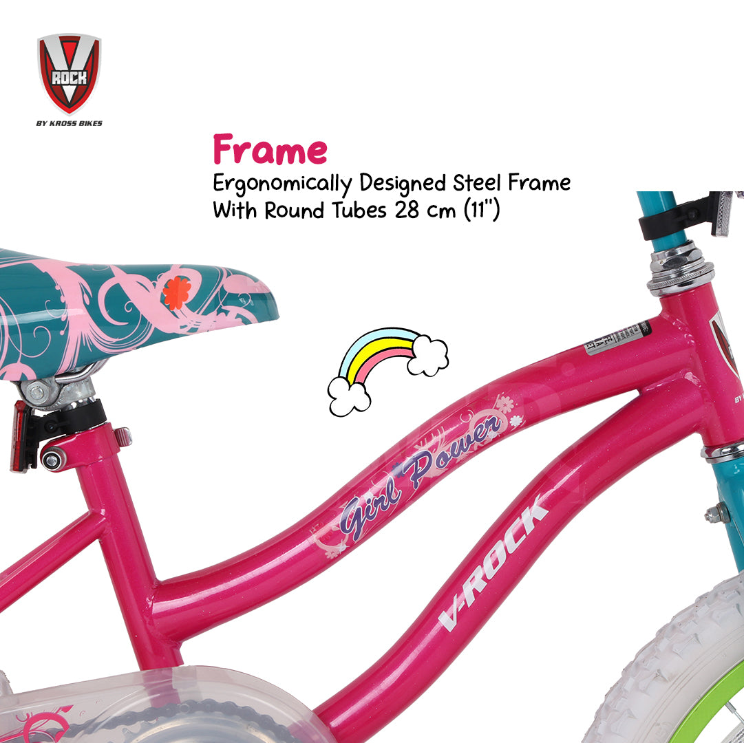 V Rock Girl Power 18T Bicycle for Kids (4–7 Years) | Pink–Turquoise, Steel Frame, Training Wheels