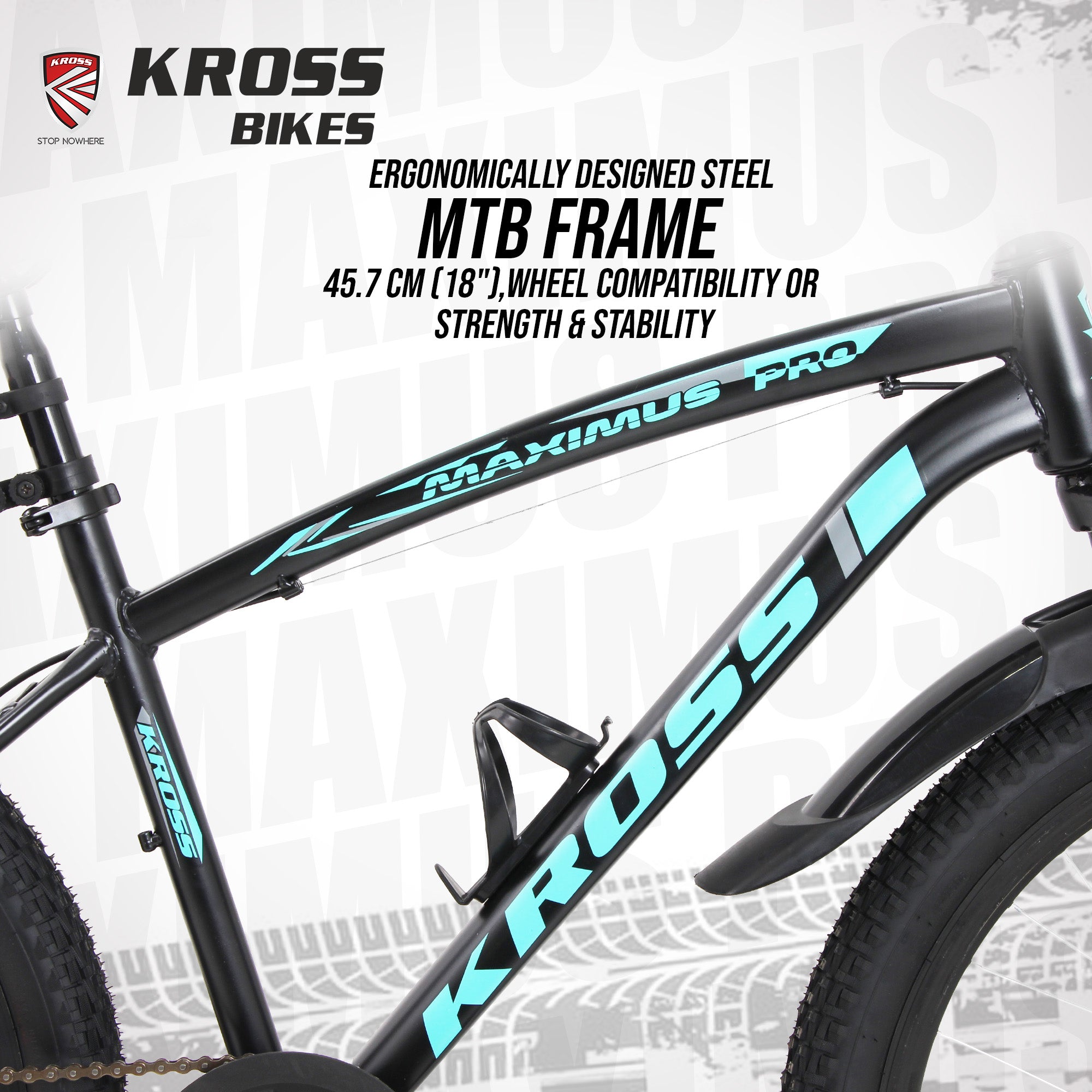 Kross Maximus Pro 26T Mountain Bike – Steel Frame, Suspension Fork, Dual Disc Brakes, Wide 2.35” Tyres (Black-Blue, Single Speed)