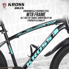 Kross Maximus Pro 26T Mountain Bike – Steel Frame, Suspension Fork, Dual Disc Brakes, Wide 2.35” Tyres (Black-Blue, Single Speed)