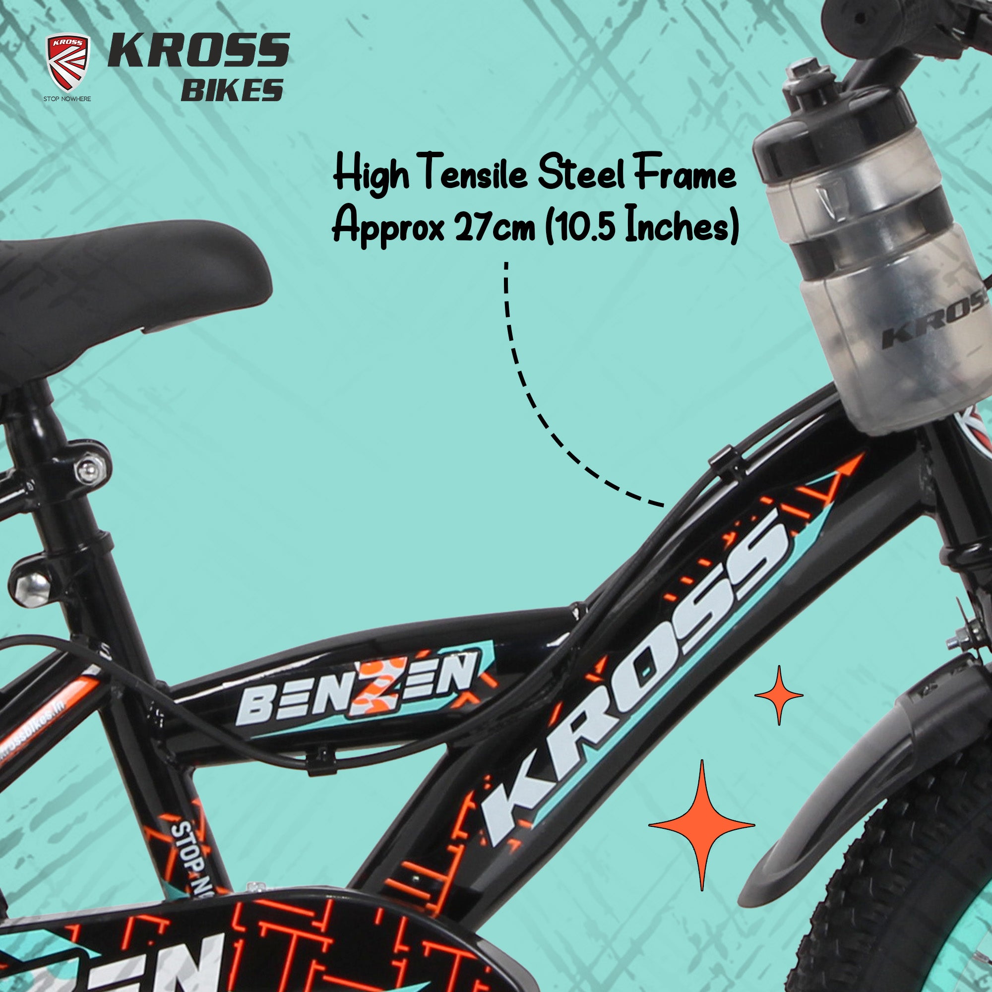 Kross Benzen Crush 16T Kids Cycle with Training Wheels, Back Rest & Bottle – Black