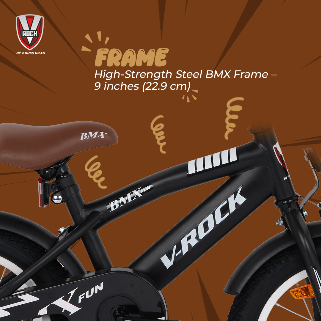 V Rock 14T BMX Fun Kids Bicycle with Training Wheels, Matt Black Steel Frame, Single Speed, Front V-Brake & Coaster Brak