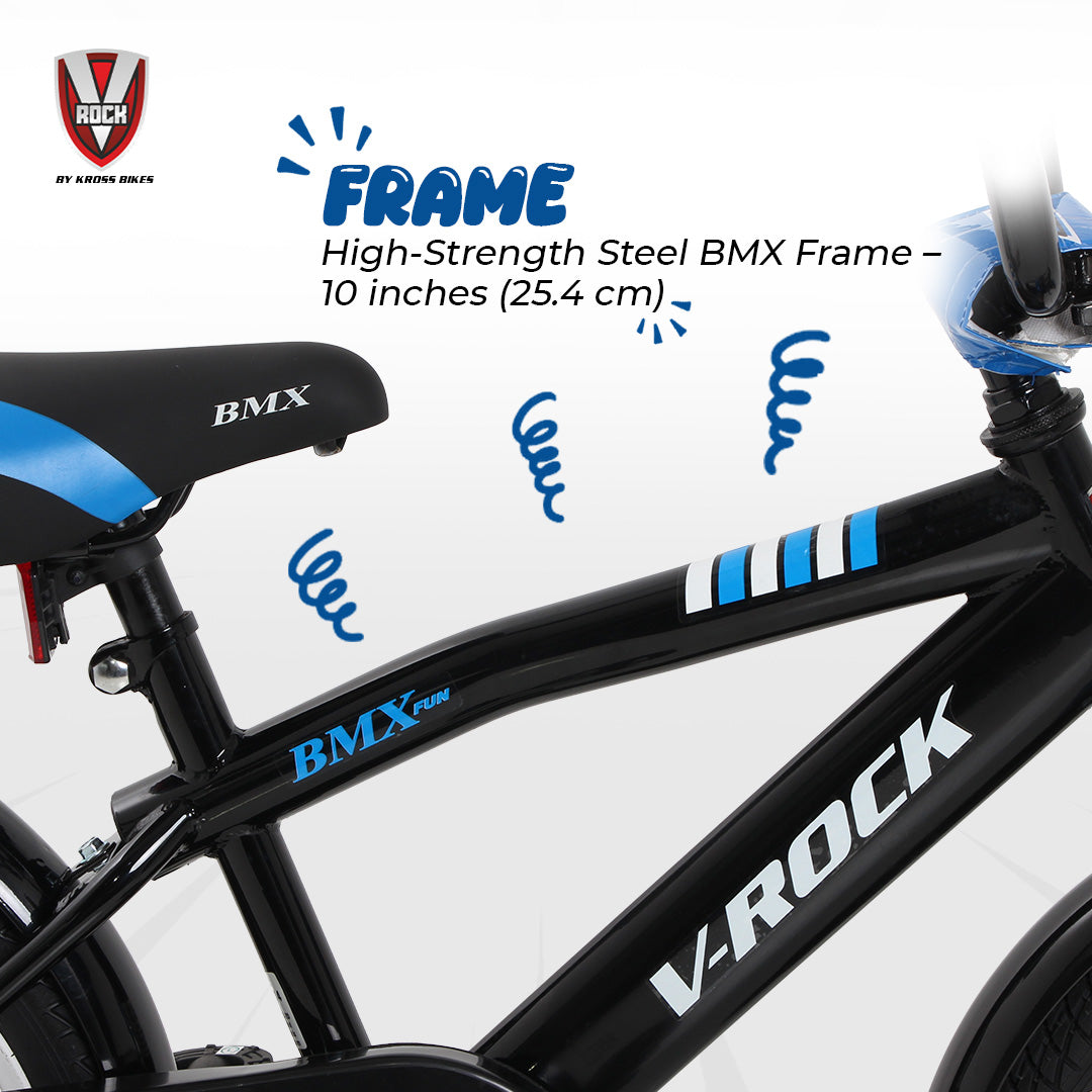 V Rock 16T BMX Fun Kids Bicycle with Training Wheels & Coaster Brake – Black Blue
