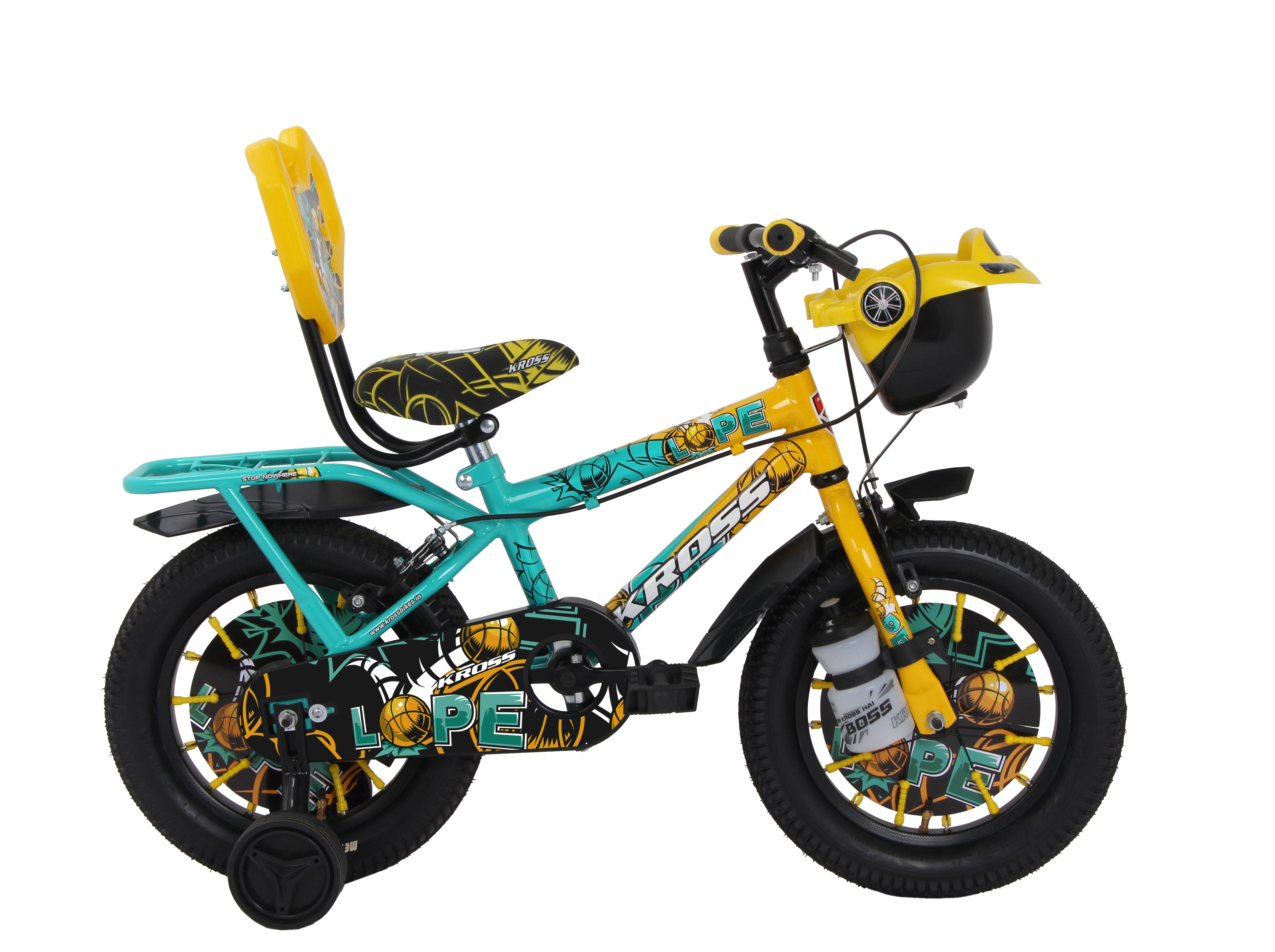 Kross Lope 16T Kids Cycle (16x2.40 Tyre, Dual Color Steel Frame, Caliper Brakes, Basket & Side Wheels, 4–6 Years) with Carrier -Yellow