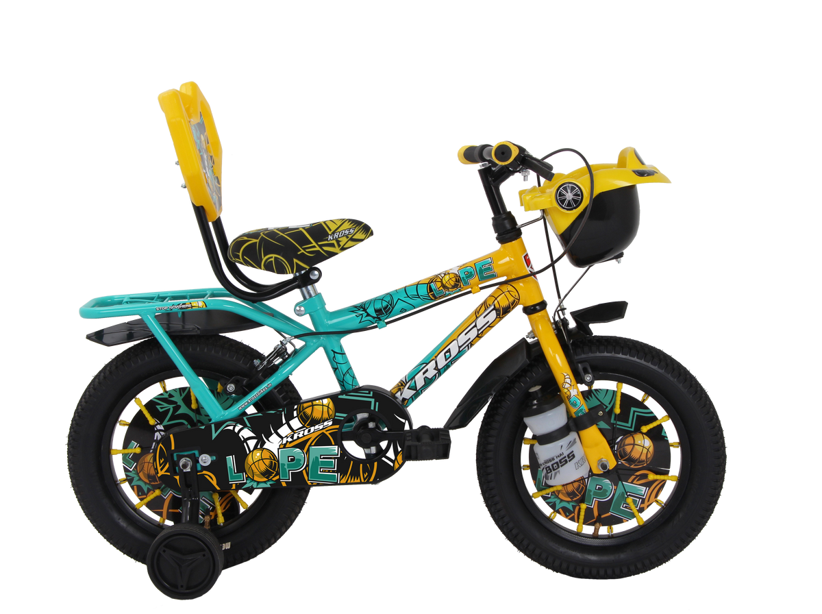 Kross Lope 16T Kids Cycle (16x2.40 Tyre, Dual Color Steel Frame, Caliper Brakes, Basket & Side Wheels, 4–6 Years) with Carrier -Yellow