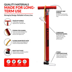 Kross Air Buddy High-Pressure Multipurpose Hand Air Pump (with Universal Dual Valve & Multi-Nozzle Kit)39 MM Red Pump
