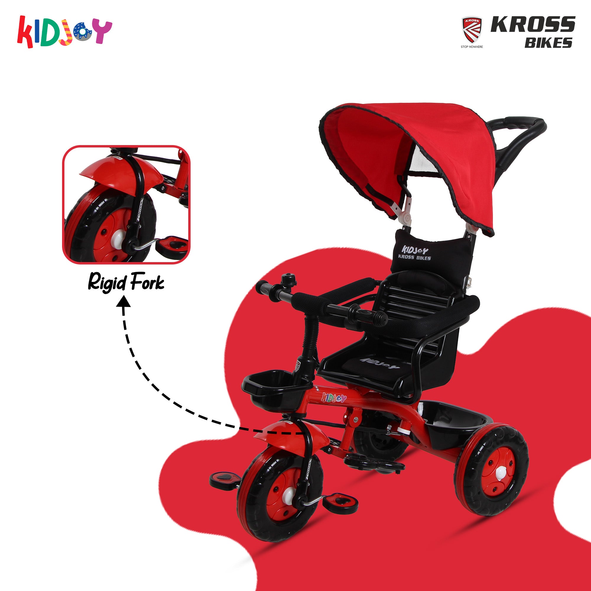 Kidjoy SS-100 Kids Tricycle for 1.5–4 Years with Parental Handle, Canopy & Safety Guard – Steel Frame (Red)