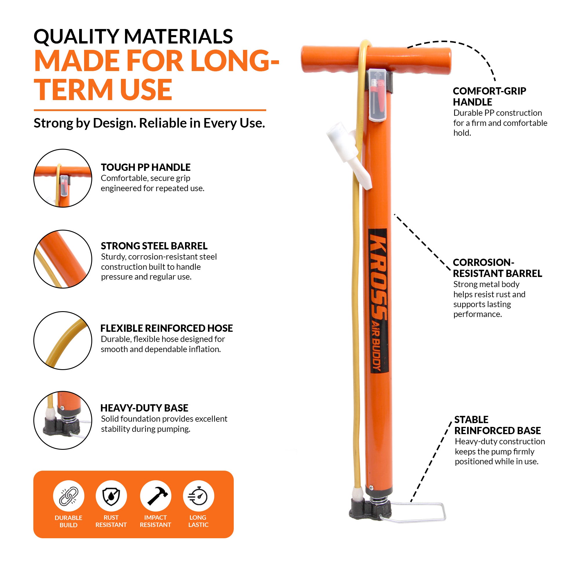 Kross Air Buddy High-Pressure Multipurpose Hand Air Pump (with Universal Dual Valve & Multi-Nozzle Kit)39 MM Orange Pump
