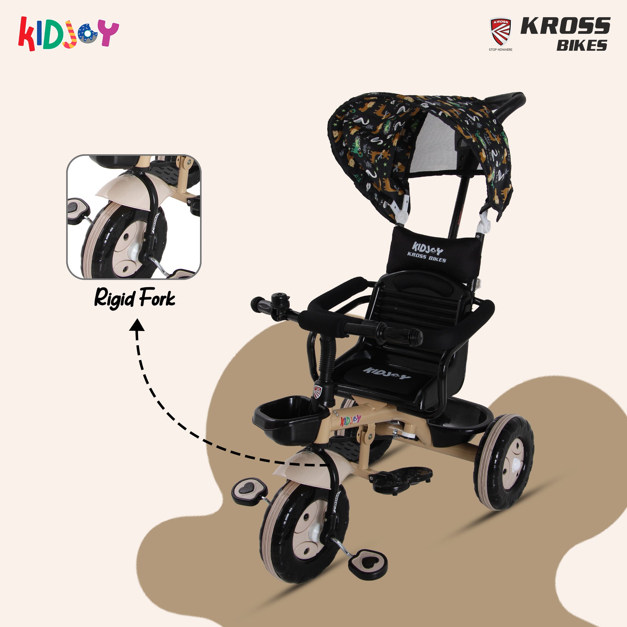 Kidjoy SS-100 Kids Tricycle for 1.5–4 Years with Parental Handle, Canopy & Safety Guard – Steel Frame (Brown)