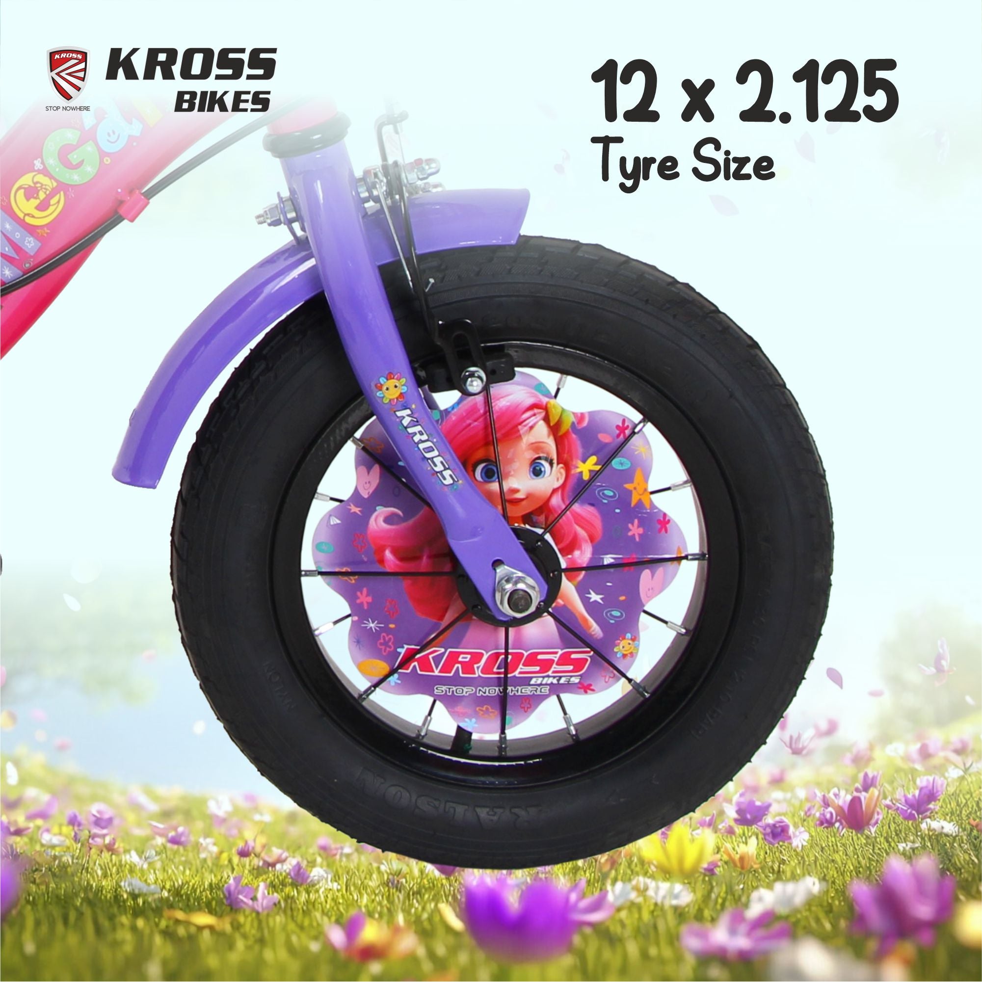 Kross Megan 12T Kids Bicycle with Training Wheels, Basket, Back Rest & Carrier | Single Speed | Pink-Purple