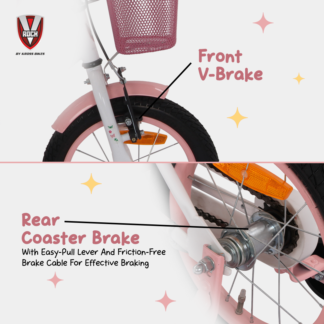 V Rock Magic 14T Kids Bicycle – Magic White with Pink Accessories | Training Wheels | Basket & Doll Carrier