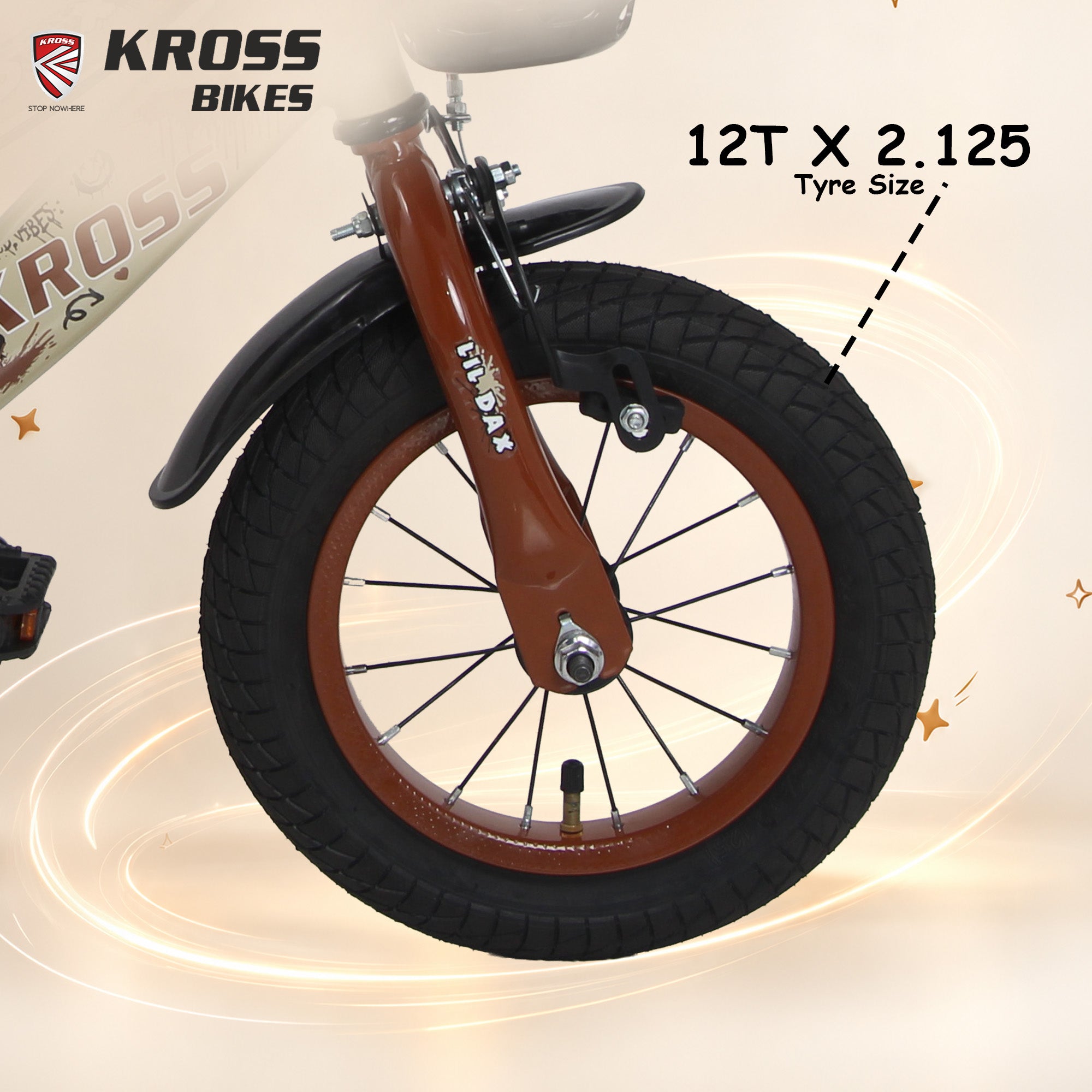 Kross Lil Dax 12T Kids Bicycle for Boys & Girls | Steel Frame | Training Wheels | Basket & Backrest | Cream & Brown