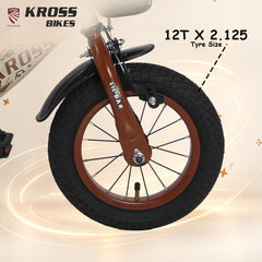 Kross Lil Dax 12T Kids Bicycle for Boys & Girls | Steel Frame | Training Wheels | Basket & Backrest | Cream & Brown