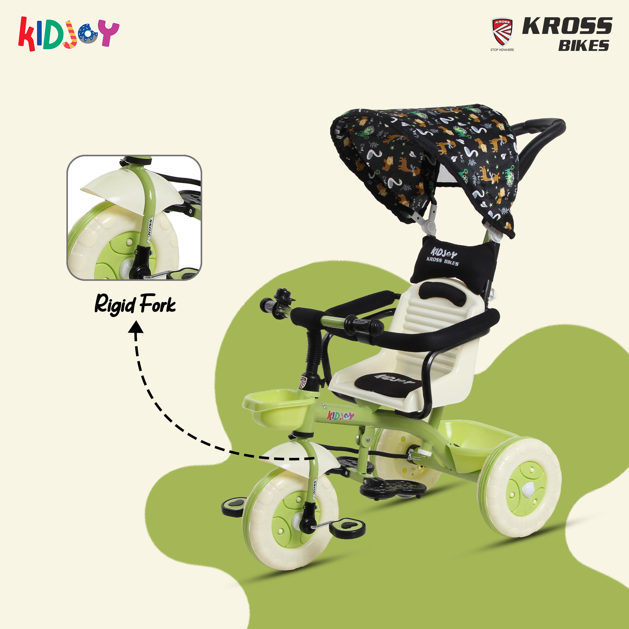 Kidjoy SS-100 Kids Tricycle for 1.5–4 Years with Parental Handle, Canopy & Safety Guard – Steel Frame (Green)