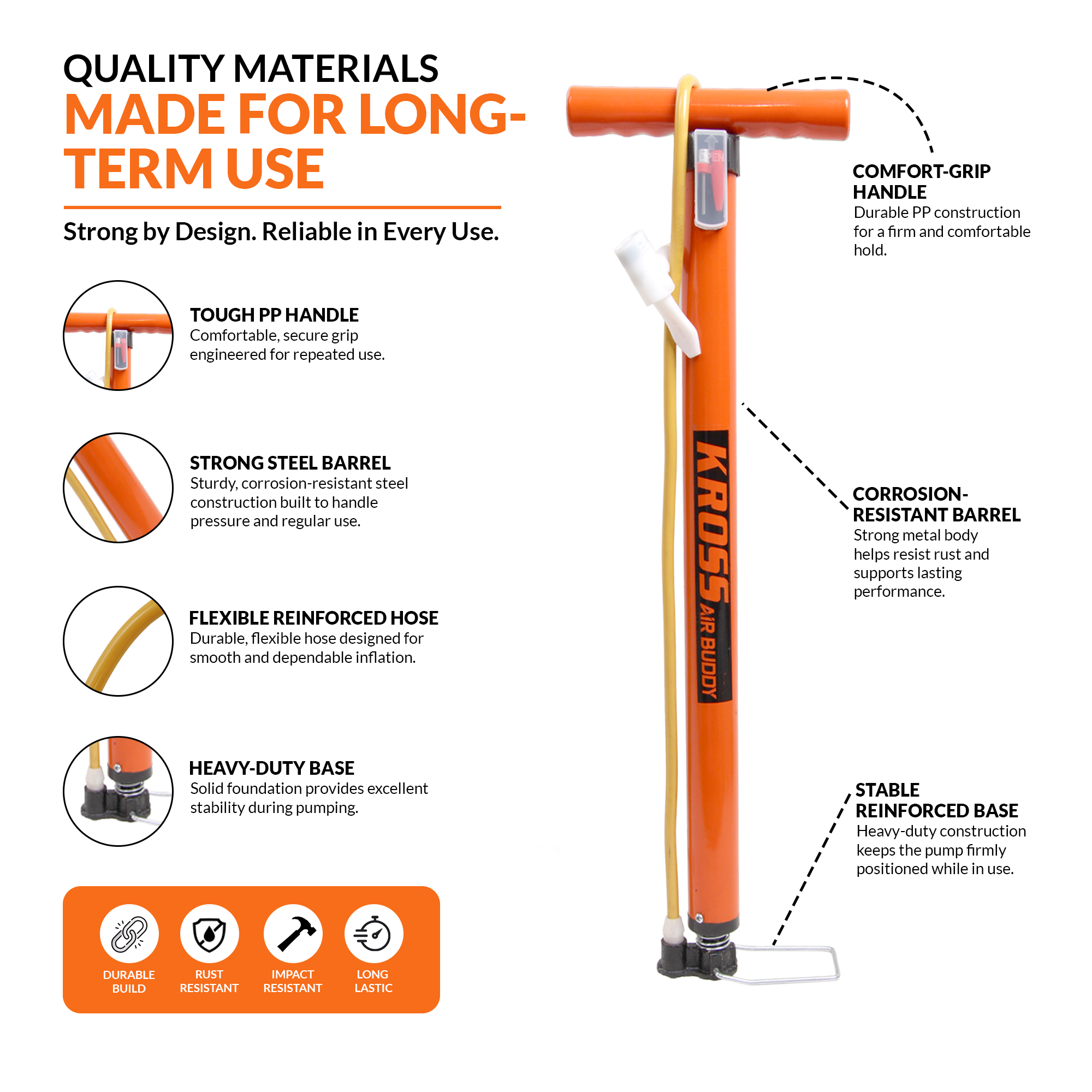 Kross Air Buddy 22-Inch Heavy-Duty Bicycle & Multi-Purpose Floor Pump (35mm Steel Barrel, Dual Presta/Schrader Valve) 35 MM Orange Pump