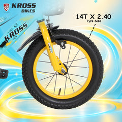 Kross Lil Dax 14T Kids Bicycle for Boys & Girls | Steel Frame | Single Speed | Training Wheels, Basket & Backrest | Blue-Yellow