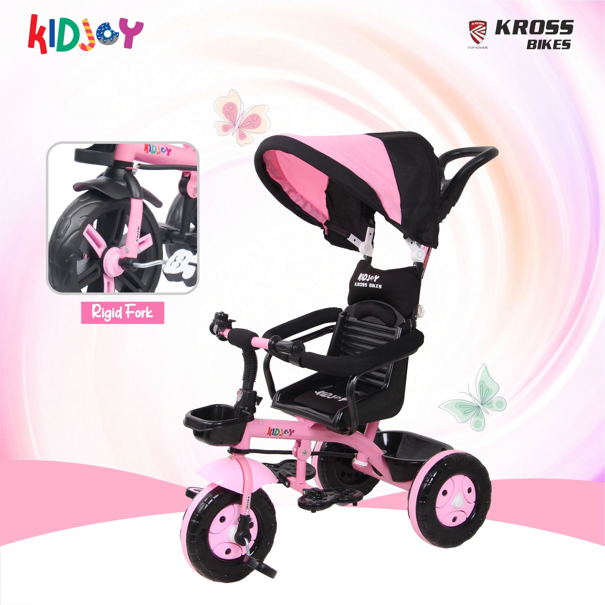 Kidjoy SS-100 Kids Tricycle for 1.5–4 Years with Parental Handle, Canopy & Safety Guard – Steel Frame (Pink)