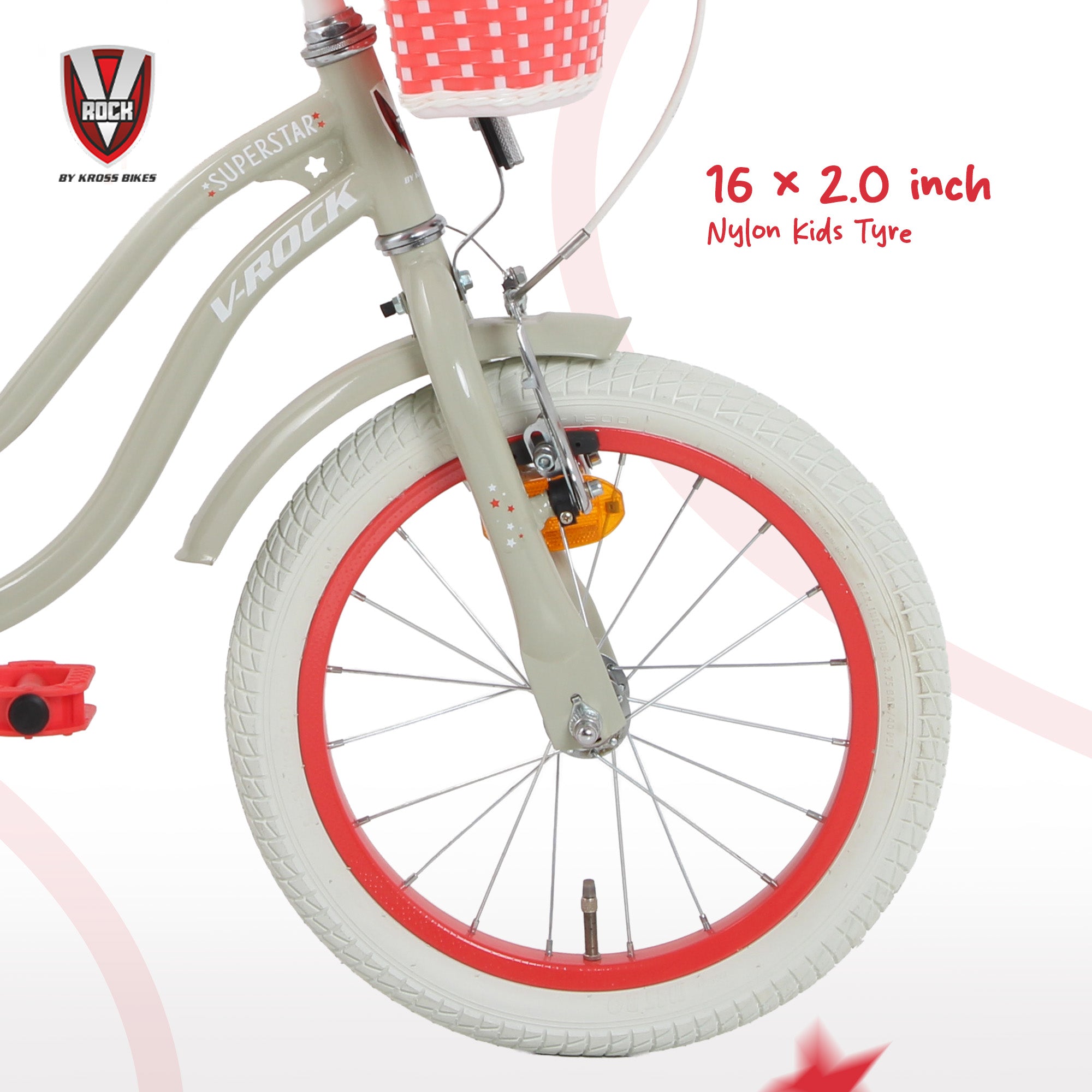 V Rock Superstar 16T Kids Bicycle – Cream | Training Wheels | Basket | Steel Frame