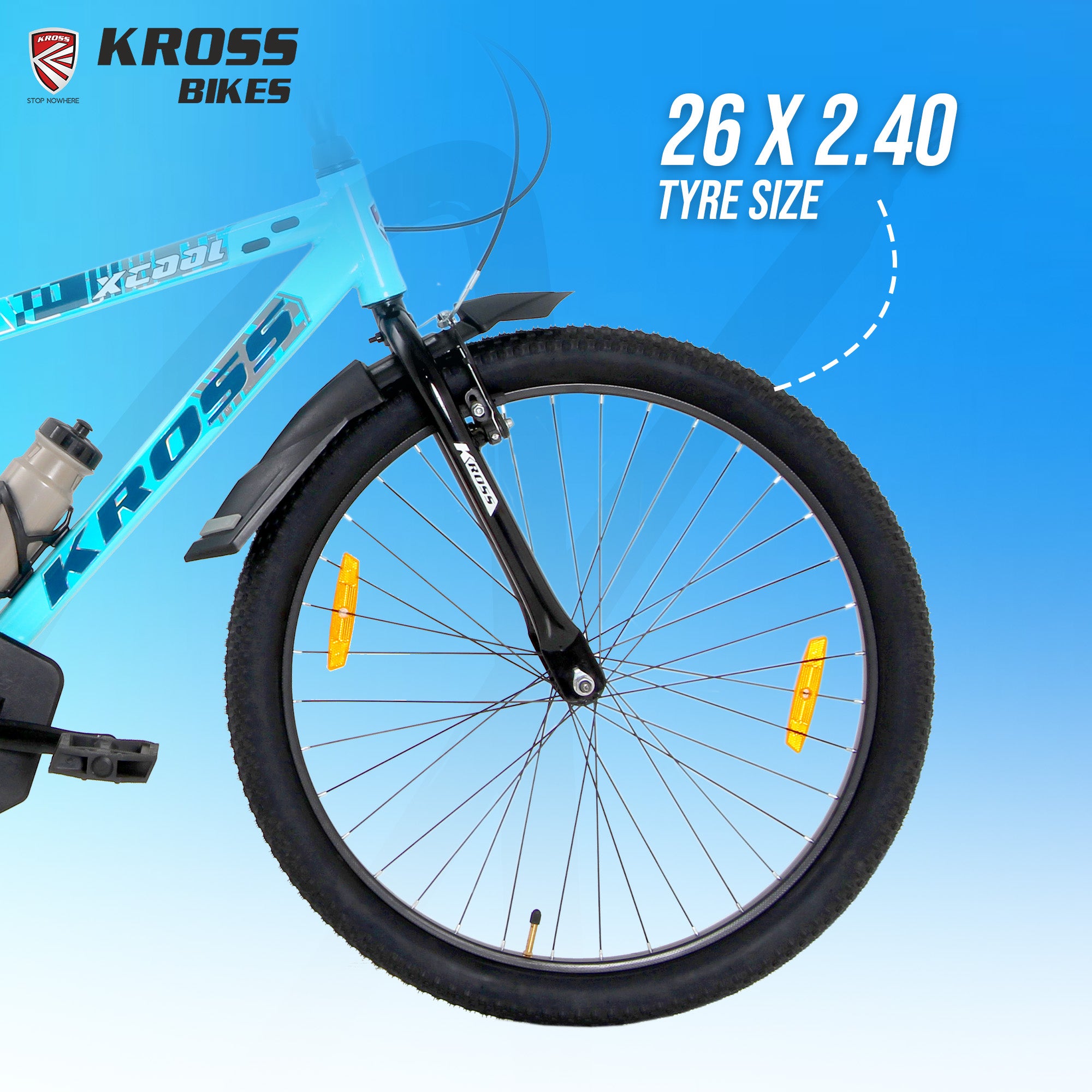 Kross XCool 26T Single Speed MTB Bicycle with Internal Cable Routing, V-Brakes, Water Bottle & Mudguards (Aqua Blue)
