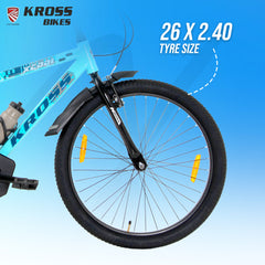 Kross XCool 26T Single Speed MTB Bicycle with Internal Cable Routing, V-Brakes, Water Bottle & Mudguards (Aqua Blue)