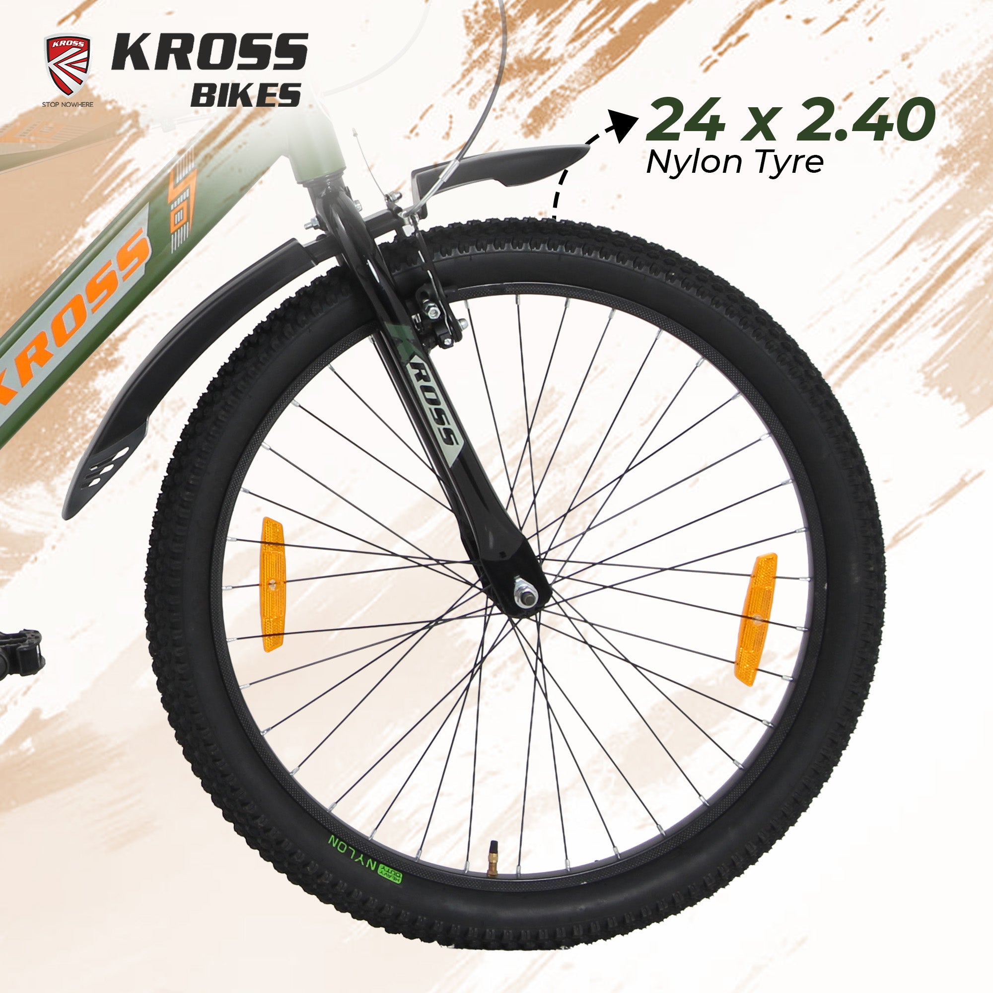 Kross 24T Single Speed Kids Bicycle – Steel Frame, V-Brakes, Inbuilt Carrier, 24x2.40 Tyres, Army Green