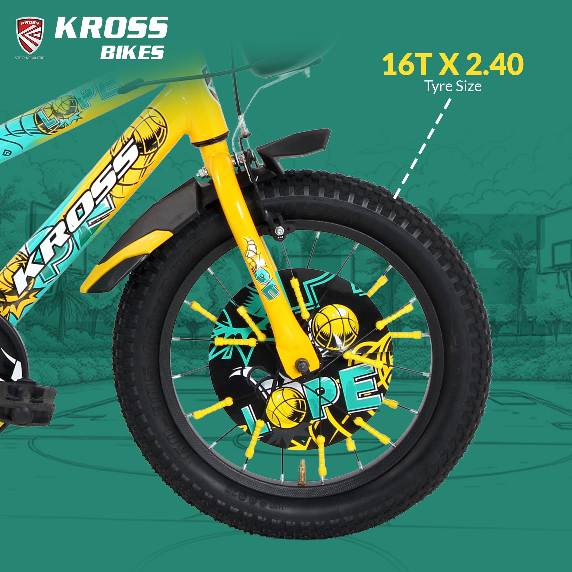 Kross Lope 16T Kids Cycle (16x2.40 Tyre, Dual Color Steel Frame, Caliper Brakes, Basket & Side Wheels, 4–6 Years) with Carrier -Yellow