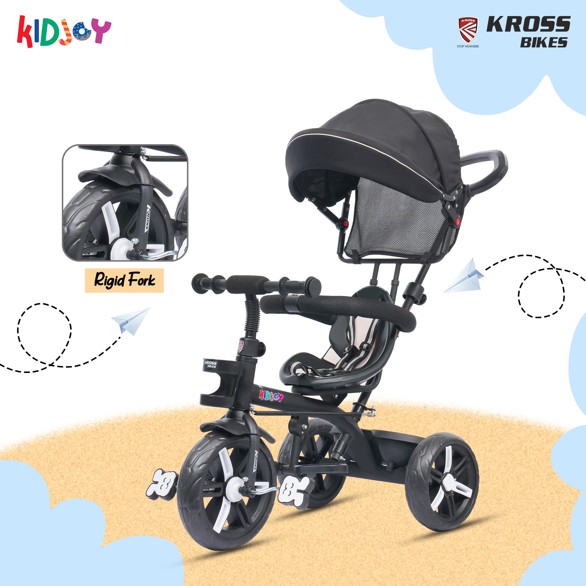 Kidjoy EX-1 3-in-1 Kids Tricycle with Adjustable Parental Handle, Detachable Canopy, EVA Tyres, Safety Belt & Rear Basket (1–4 Years) (Black/White)