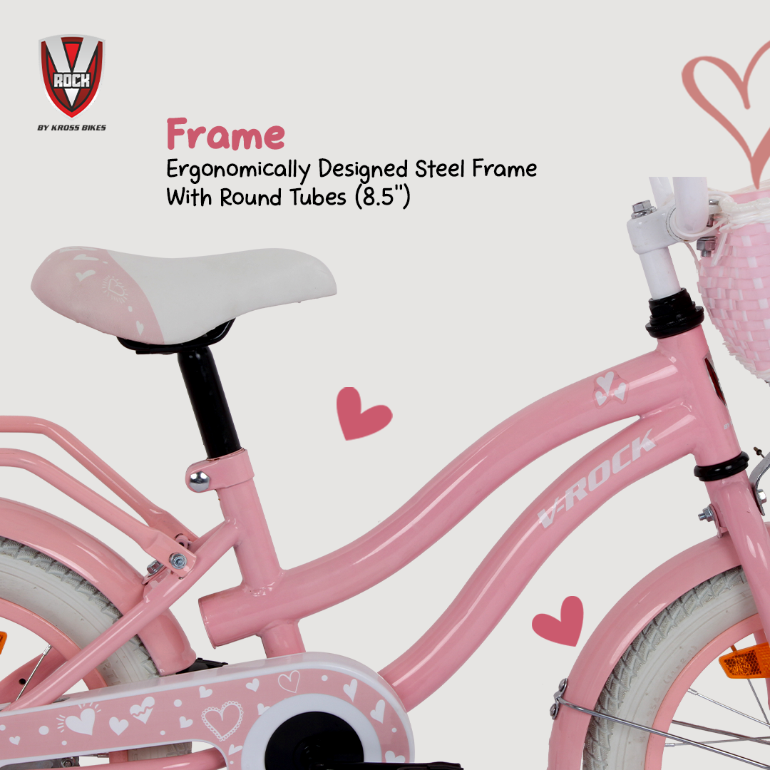 V Rock Lovely 14T Pink Kids Bike, Steel Frame, Rear Coaster & V Brake, Basket & Support Wheels, 14 inch BMX Cycle (Single Speed, Pink, Rigid)