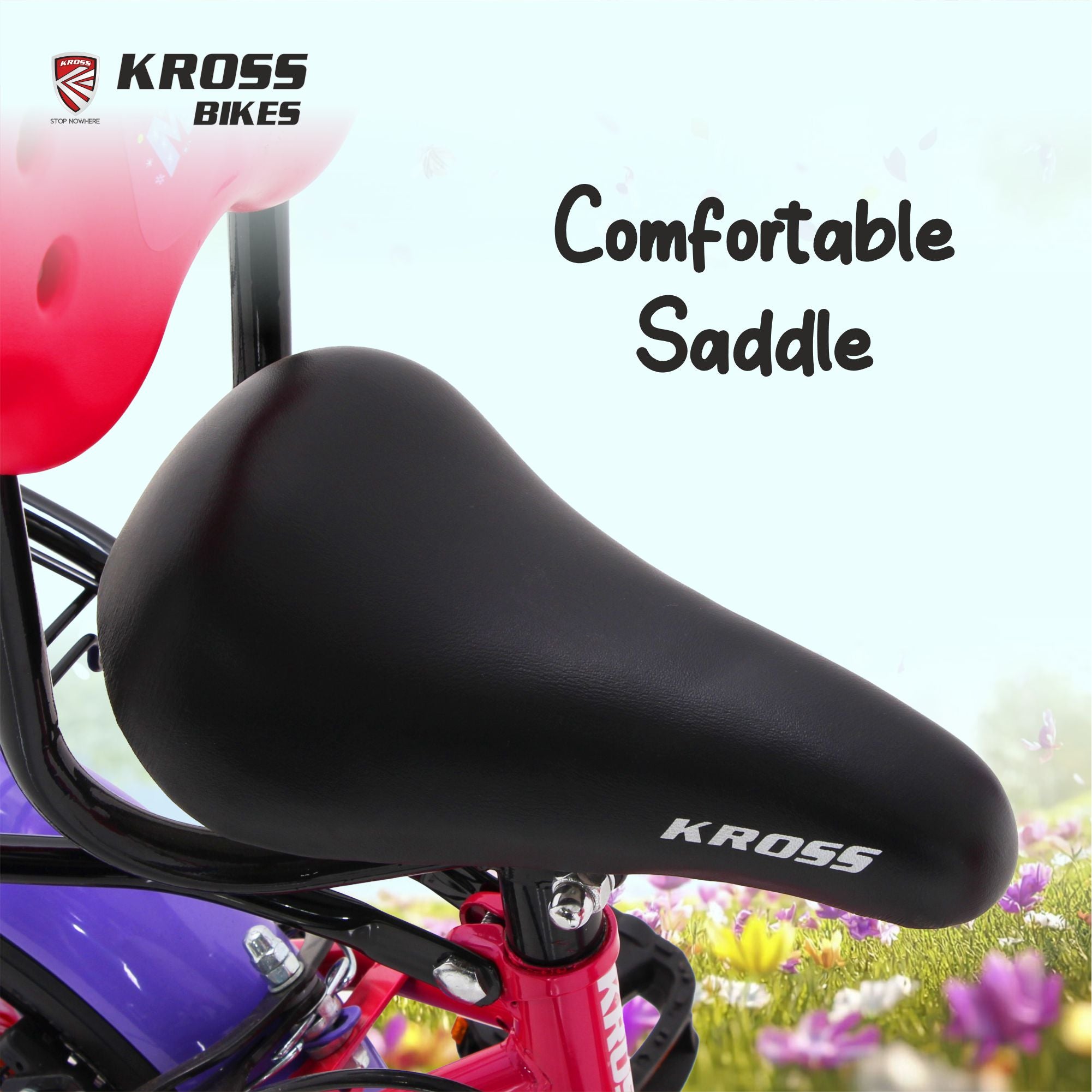 Kross Megan 12T Kids Bicycle with Training Wheels, Basket, Back Rest & Carrier | Single Speed | Pink-Purple